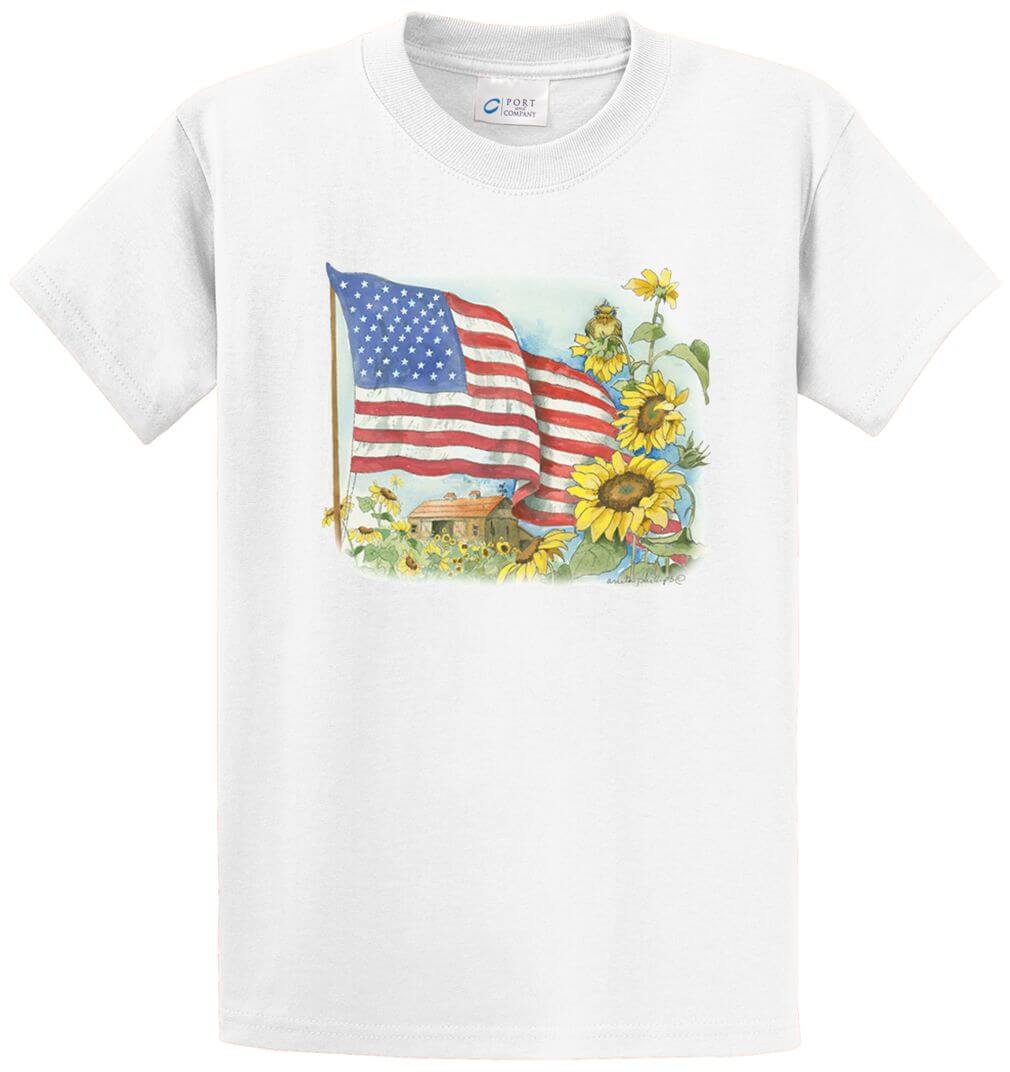 Flag And Sunflowers Printed Tee Shirt
