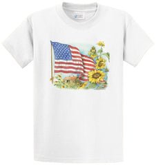 Flag And Sunflowers Printed Tee Shirt